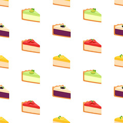 Seamless pattern with pieces of cheesecakes. Bright background with slices of pies, vector illustration