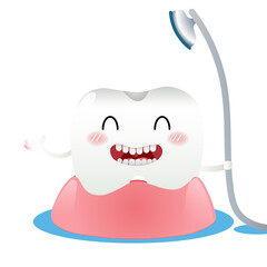 Cute cartoon with happy tooth character oral dental hygiene, taking a shower to clean the body, children dentistry concept.
