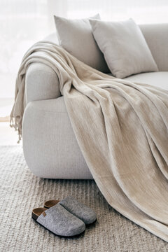 Slippers stand on woven carpet close to new sofa with plaid