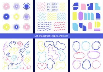 Set of abstract shapes, stains, lines, flowers, and scribbles. Trendy elements for your designs. Hand-drawn clip art.