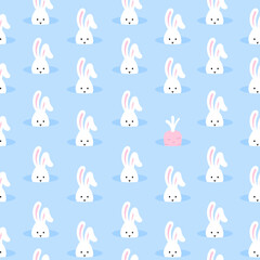Obraz premium White rabbits in a hole. Seamless pattern vector cute cartoon animal background. The design used for print, congratulations, birthday and new year, wallpaper, decoration, fabric, textile.