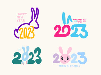 2023 Happy New Year colored logo design. Numbers with bunny ears 2023 design template. Kids vector illustration isolated on white background.
