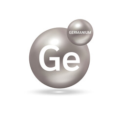 Germanium molecule models silver and chemical formulas scientific element. Natural gas. Ecology and biochemistry concept. Isolated spheres on white background. 3D Vector Illustration.