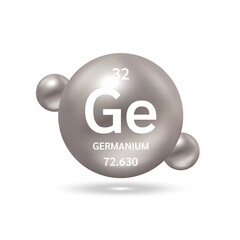 Germanium molecule models silver and chemical formulas scientific element. Natural gas. Ecology and biochemistry concept. Isolated spheres on white background. 3D Vector Illustration.