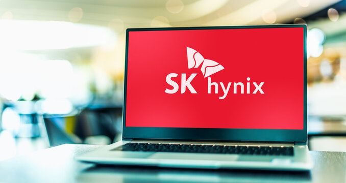 Laptop computer displaying logo of SK hynix