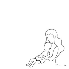 Beautiful mum hugging a first born in her arm.A child sitting on mother's lap in single line drawing style.Vector isolate flat continue line design concept  of family or Happy Mother’s Day celebration