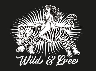 Riding the Tiger. Wild and Free. Beautiful Woman and Tiger. Vector Illustration. - 523818868
