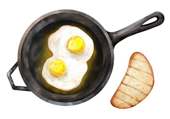 Two fried eggs in a cast iron skillet watercolor