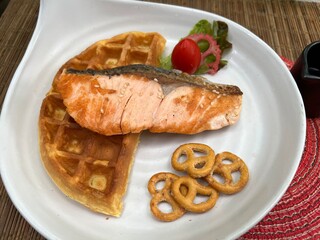 Salmon waffle sandwiches and mini pretzel