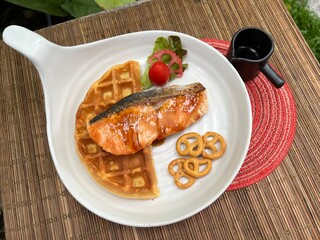 Salmon waffle sandwiches and mini pretzel