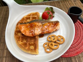 Salmon waffle sandwiches and mini pretzel