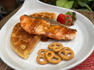 Salmon waffle sandwiches and mini pretzel