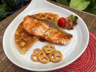 Salmon waffle sandwiches and mini pretzel