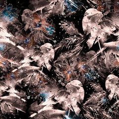 Seamless watercolor pattern with a picture of a bird, bullfinch. A bird on a spruce branch. The bird is red. Watercolor card. Bullfinch in the forest on a branch of spruce, cedar, pine. Snow.monochrom