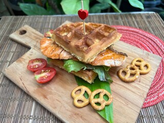 Salmon waffle sandwiches and mini pretzel