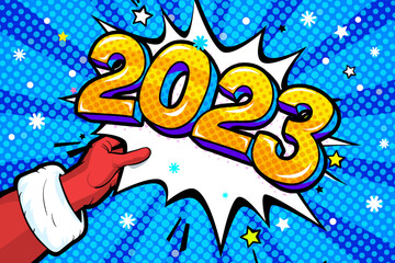 Santa Claus hand in red suit and mitten showing word bubble with 2023
