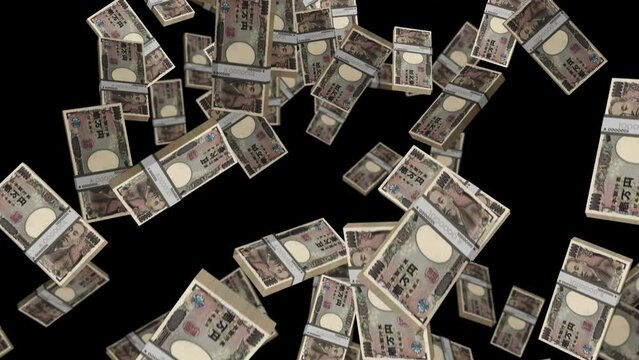 Yen 10000 JPY banknote packs falling loop. Japan money note fall. 3D seamless looped isolated abstract concept of economy, finance, crisis, success and banking.