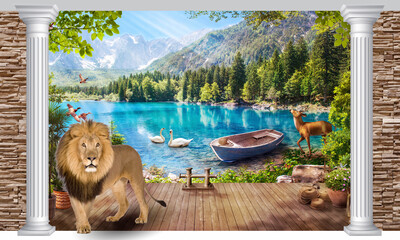 Beautiful landscape by the blue lake. Wallpaper on the wall. Digital mural.