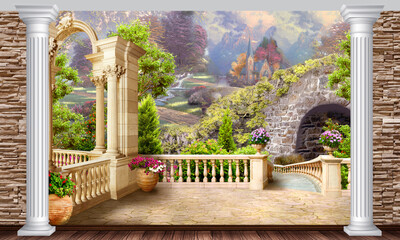 Terrace with a view of the stone bridge with a fabulous town. Digital illustration. Mural, photo wallpaper.