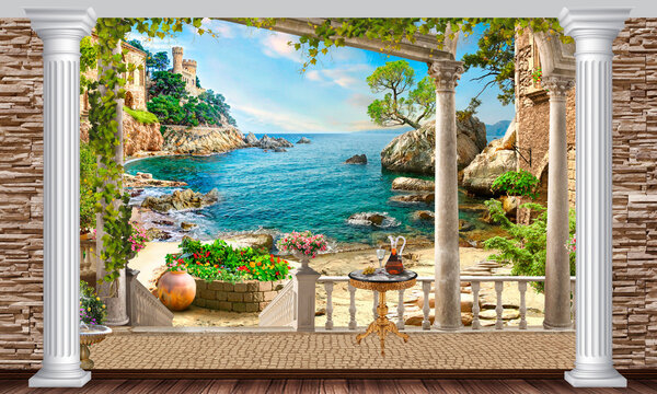 Seascape. Digital mural. Mediterranean landscape with an old castle.