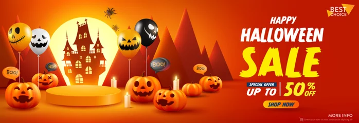 Fototapeten Halloween Sale Promotion Poster template with Product display stage. Halloween pumpkins and Ghost Balloons with moon ligt and castle silhouette background. Website spooky or banner template © Fotomay