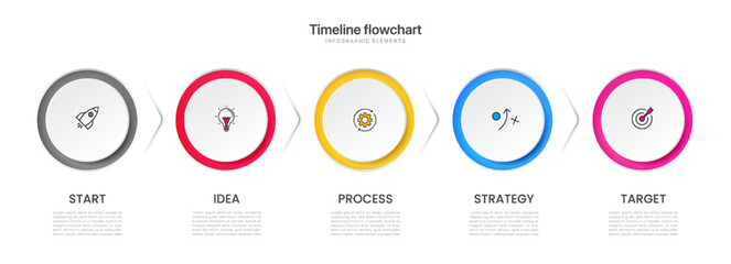 Timeline circle infographic design with 5 options or steps. Infographics for business concept. Used for presentations workflow layout, banner, process, diagram, flow chart, info graph, annual report.