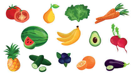 A set of colorful fruits and vegetables icons vector illustration. Healthy lifestyle concept. fruits and vegetables set. Fresh summer fruits and vegetables of greens.