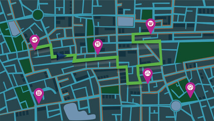 Fototapeta premium City location about persons’ necessity and detailed top view. Location and navigation services- applications concept. night city view.