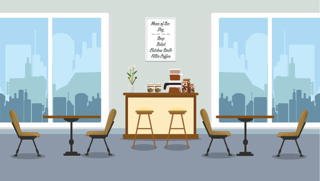 Empty cafe interior design vector illustration. Coffee shop and empty table and chairs. Coffee cafe concept or restaurant interior design.