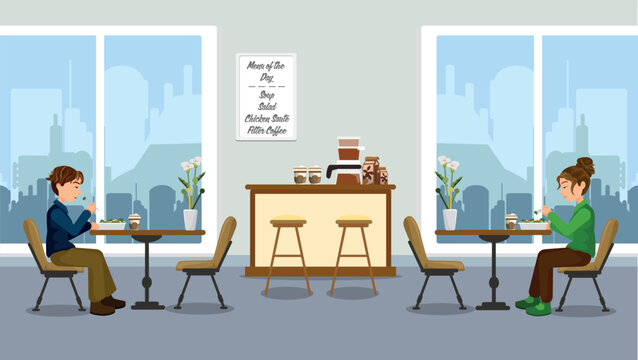 A cafe with a coffee concept that welcomes its customers. Coffee shop and empty table and chairs. Coffee cafe concept or restaurant interior design.