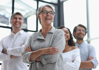 a group of pensive business people looking into