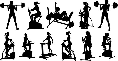 A woman in silhouette using pieces of gym fitness equipment and machines set