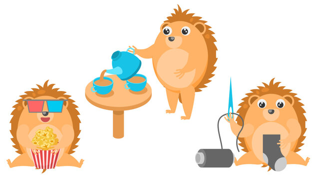 Set Abstract Collection Flat Cartoon Different Animal Hedgehogs Watching A Movie With Popcorn, Pours Tea Into Cups, Knits A Sock Vector Design Elements Fauna Wildlife