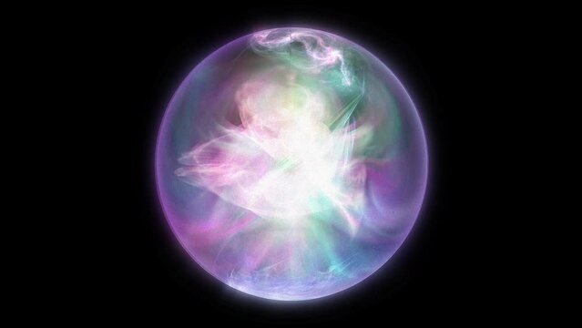 Abstract energy orb motion graphic. colorful sphere with swirling smoke effect within. energy and plasma dancing around glass container.