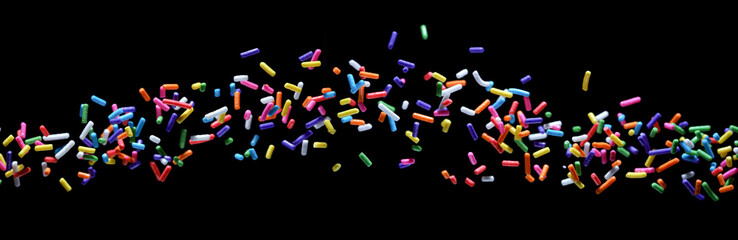 Small sprinkle colorful sugar candies flying sweet food. isolated on a black background