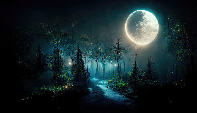 Path in dark fairy tale forest with big full moon glowing