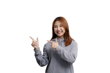 Beautiful Asian woman gesturing for advertisement editing on isolated background, portrait concept used for advertisement and signage, isolated, copy space.