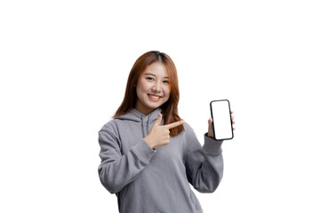 Beautiful Asian woman gesturing for advertisement editing on isolated background, portrait concept used for advertisement and signage, isolated, copy space.