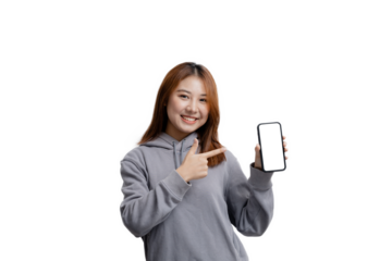 Beautiful Asian woman gesturing for advertisement editing on isolated background, portrait concept used for advertisement and signage, isolated, copy space.