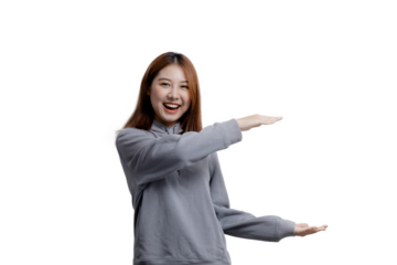 Beautiful Asian woman gesturing for advertisement editing on isolated background, portrait concept used for advertisement and signage, isolated, copy space.