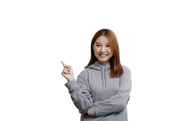 Beautiful Asian woman gesturing for advertisement editing on isolated background, portrait concept...