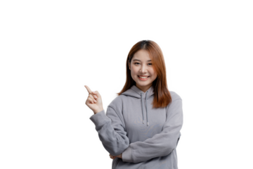Beautiful Asian woman gesturing for advertisement editing on isolated background, portrait concept used for advertisement and signage, isolated, copy space.