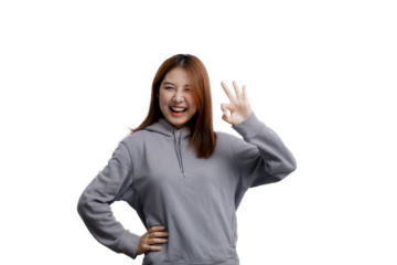 Beautiful Asian woman gesturing for advertisement editing on isolated background, portrait concept used for advertisement and signage, isolated, copy space.