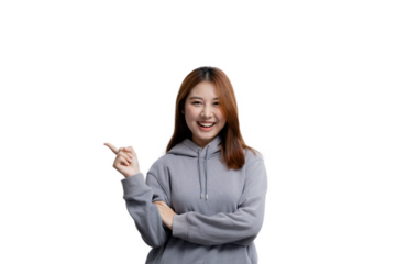 Beautiful Asian woman gesturing for advertisement editing on isolated background, portrait concept used for advertisement and signage, isolated, copy space.