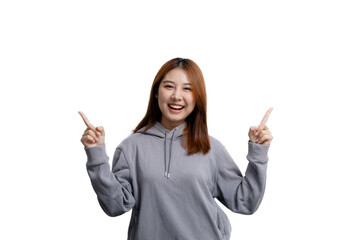 Beautiful Asian woman gesturing for advertisement editing on isolated background, portrait concept used for advertisement and signage, isolated, copy space.