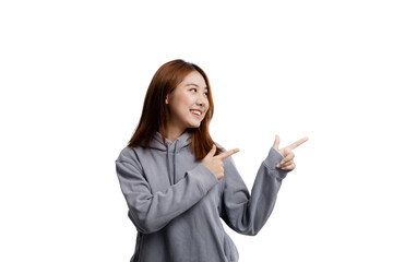 Beautiful Asian woman gesturing for advertisement editing on isolated background, portrait concept used for advertisement and signage, isolated, copy space.
