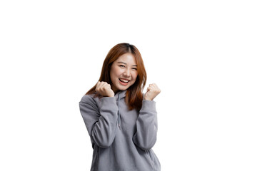 Beautiful Asian woman gesturing for advertisement editing on isolated background, portrait concept used for advertisement and signage, isolated, copy space.