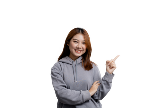 Beautiful Asian woman gesturing for advertisement editing on isolated background, portrait concept used for advertisement and signage, isolated, copy space.