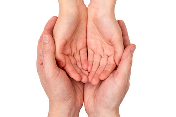 Adult palms holding child's hands