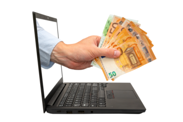 Hand with Euro money coming out from computer monitor